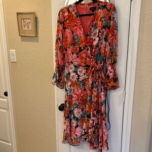 Tahari Floral Wrap Dress - Red, Pink, Green